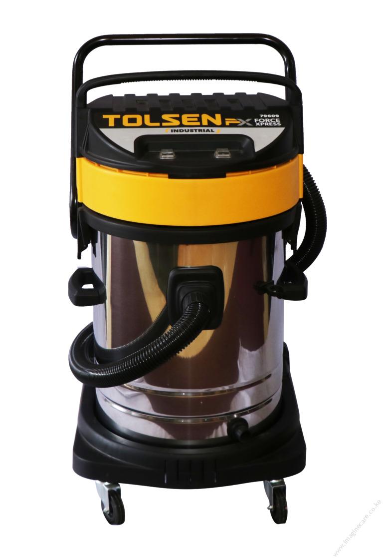 Tolsen Fx 79609 (70L) Vacuum Cleaner is a Wet and dry cleaning with an Input power: of 2x1000W and a Voltage: of 220-240V.Its Frequency: 50/60Hz and a Stainless steel tank.Has a Dust capacity of 70L and a vacuum pressure:16KPa.