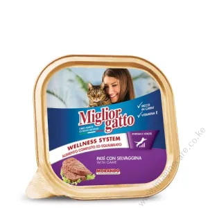 Migliorgatto Adult Cat Food Alutray Pate With Game(4 pieces minimum order) Formula designed to guarantee the key nutrients required for the well-being of your cat. Vitamin E with antioxidant action and a recipe rich in meat to help keep muscle mass toned.