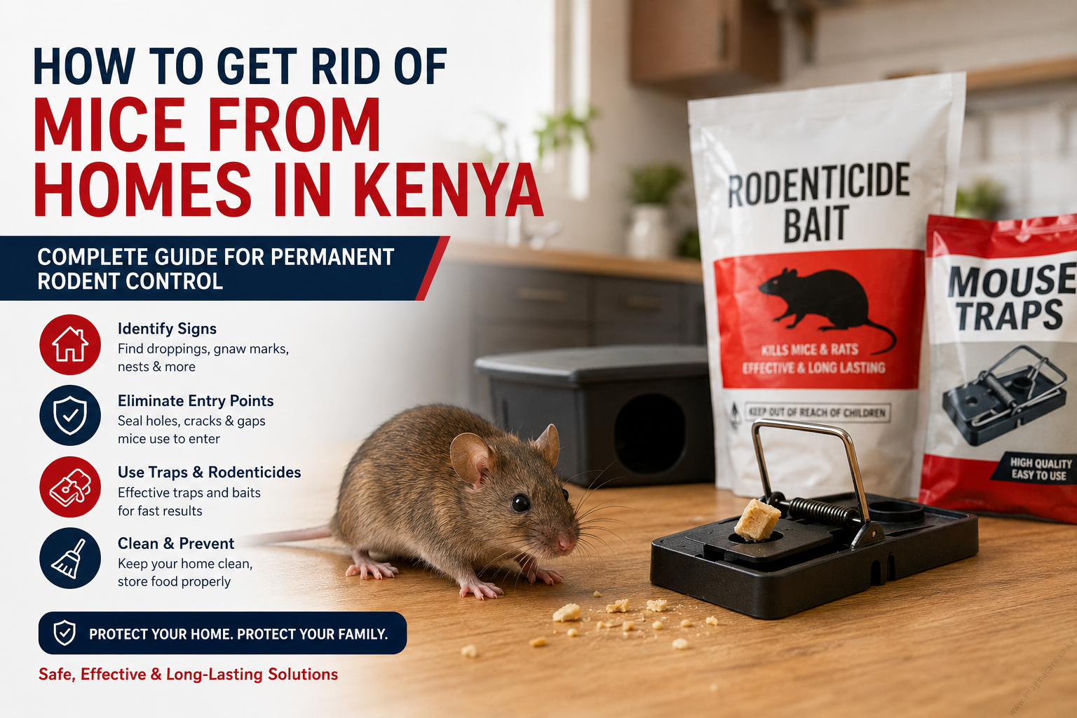 # How to Get Rid of Mice From Homes in Kenya: Complete Guide for Permanent Rodent Control Mice are among the most destructive household pests in Kenya. They contaminate food, spread diseases, damage property, and reproduce at an alarming rate. A small mouse problem can quickly become a full infestation if ignored. Whether you live in Nairobi, Mombasa, Kisumu, Nakuru, Eldoret, or any rural area, mice often enter homes searching for food, water, and shelter. This guide explains how to identify a mouse infestation, remove mice effectively, prevent future invasions, and choose the best rodent control solutions available in Kenya. ## Why Mice Are a Serious Problem Many homeowners underestimate mice because of their small size. A single female mouse can produce dozens of offspring within a year. Before long, a few mice become a colony hiding inside ceilings, kitchens, stores, and wall cavities. Mice create several problems: • Contaminate food with urine and droppings • Spread bacteria and diseases • Damage electrical wiring • Destroy clothes, books, and furniture • Cause unpleasant smells • Trigger allergies and respiratory issues • Attract other pests such as fleas and mites Mice are also skilled climbers and can squeeze through tiny openings. Research from pest control experts shows mice can enter through gaps as small as a pencil width. ## Signs You Have Mice in Your Home Many infestations go unnoticed until they become severe. Watch for these warning signs: ### Mouse Droppings Small dark pellets around cupboards, kitchen cabinets, stores, and behind appliances. ### Gnaw Marks Mice constantly chew to keep their teeth from overgrowing. Damaged packaging, furniture, and electrical cables are common signs. ### Scratching Sounds You may hear scratching or running sounds in ceilings, walls, and roofs, especially at night. ### Nesting Materials Shredded paper, cardboard, cloth, and insulation often indicate mouse nests. ### Unpleasant Odors A strong musky smell may develop in heavily infested areas. ### Footprints and Smears Greasy marks and tiny footprints often appear along walls and travel routes. ## Why Mice Enter Homes in Kenya Understanding why mice invade helps you stop them. The main reasons include: ### Food Sources Open food containers, animal feeds, grains, leftovers, and garbage attract mice. ### Water Availability Leaking taps, water bowls, and damp areas provide reliable water sources. ### Shelter Cluttered stores, ceiling spaces, and unused rooms offer safe nesting sites. ### Seasonal Changes Heavy rains and cold weather often push rodents indoors. ## Step 1: Eliminate Food Sources The first step in mouse control is removing what attracts them. Take the following actions: • Store cereals, flour, rice, and grains in sealed containers • Clean food spills immediately • Wash dishes before sleeping • Store pet food securely • Empty garbage bins regularly • Keep kitchens clean Many failed mouse control attempts occur because mice continue accessing food elsewhere. Pest control professionals consistently identify food availability as a major cause of persistent infestations. ## Step 2: Seal Entry Points If mice keep entering, trapping alone will not solve the problem. Inspect: • Doors • Windows • Roof spaces • Pipe openings • Ventilation gaps • Utility entry points Seal openings using: • Steel wool • Metal mesh • Cement mortar • Expanding foam • Wire mesh Professional rodent control programs prioritize exclusion because it prevents reinfestation. ## Step 3: Use Mouse Traps Traps help reduce active mouse populations. Popular options include: ### Snap Traps Fast, affordable, and effective. Place them: • Along walls • Behind appliances • Near droppings • Along known travel routes ### Glue Boards Useful for monitoring activity but less effective for large infestations. ### Live Capture Traps Capture mice without killing them. They require frequent inspection. For best results, place multiple traps simultaneously rather than relying on a single trap. ## Step 4: Apply Rodenticides Rodenticides are among the most effective methods for controlling large infestations. Common rodenticides available in Kenya include: • Storm Secure Bait Blocks • Rat-Kill Pellets • Rodent Control Pellets These products are designed to attract and eliminate rats and mice efficiently when used according to label instructions. Always: • Keep rodenticides away from children • Protect pets from exposure • Place bait in secure bait stations • Follow manufacturer instructions Professionals often combine baiting with proofing and monitoring for long-term success. ## Step 5: Clean and Disinfect Infested Areas After eliminating mice: • Wear gloves • Remove droppings safely • Disinfect contaminated surfaces • Dispose of nesting materials • Vacuum carefully This reduces odors and removes contamination left behind by rodents. ## Professional Mice Control Services in Kenya When mouse activity becomes severe, professional intervention delivers faster and more reliable results. Professional pest control companies conduct detailed inspections, identify entry points, install monitoring systems, place secure bait stations, and implement long-term prevention strategies. Integrated Pest Management programs combine trapping, baiting, proofing, sanitation, and follow-up inspections to achieve permanent control. If you are seeing mice during the day, finding fresh droppings daily, hearing constant ceiling activity, or noticing damaged electrical wiring, it is time to hire a licensed rodent control specialist. The cost of professional treatment is often far lower than repairing property damage caused by an expanding infestation. ## Buy Effective Rodenticides and Mouse Traps in Kenya Homeowners who prefer a DIY approach should invest in high-quality rodent control products. Professional-grade rodenticides such as Storm Secure Bait Blocks, Rat-Kill Pellets, and Rodent Control Pellets are widely used for controlling rats and mice in homes, stores, offices, and warehouses. Secure bait stations, snap traps, monitoring blocks, and mechanical traps provide additional protection and improve results. When purchasing rodent control products, choose reputable suppliers and always follow safety instructions. Combining traps, baiting, sanitation, and proofing produces the highest success rate. ## Natural Ways to Repel Mice Natural methods work best as preventive measures. Examples include: • Keeping compounds clean • Removing clutter • Trimming vegetation near buildings • Storing food properly • Eliminating water leaks Natural methods alone rarely eliminate established infestations but help reduce future problems. ## How to Prevent Mice Permanently Long-term prevention requires consistency. Follow these practices: • Inspect your property every month • Seal new cracks immediately • Keep food sealed • Manage waste properly • Maintain clean stores and kitchens • Trim bushes touching buildings • Monitor for fresh droppings • Use preventive bait stations where appropriate The most successful mouse control programs focus on prevention rather than repeated extermination. ## Frequently Asked Questions ### How long does it take to get rid of mice? Small infestations may be controlled within days. Large infestations often require several weeks of monitoring and treatment. ### Are mice dangerous? Yes. Mice contaminate food, spread diseases, and damage property. ### Do mice return after treatment? They will return if entry points remain open or food sources remain available. ### What is the fastest way to eliminate mice? A combination of inspection, proofing, trapping, rodenticides, and sanitation provides the fastest and most effective results. ## Final Thoughts Mice are persistent pests, but they are not impossible to control. Success comes from identifying the infestation early, removing food sources, sealing entry points, using effective traps and rodenticides, and maintaining good sanitation. Whether you choose professional pest control services or a DIY approach, acting quickly prevents costly damage and protects your family's health. The sooner you start, the easier it becomes to regain control of your home and keep mice away permanently.